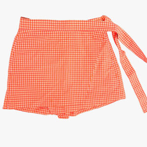 Zara Skort Gingham Shorts Orange White Faux Wrap Size Small Mini High Waist Tie